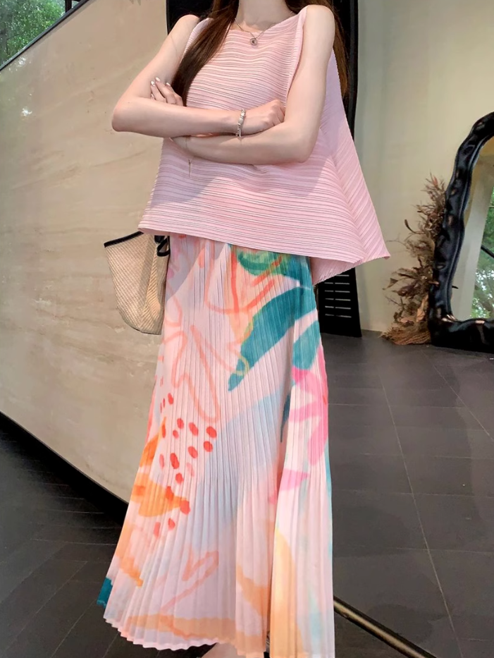 Fashion suit irregular pleats loose cover flesh thin sleeveless vest pleated printed skirt two-piece suit R1729