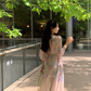 Pink chiffon printed dress for women summer new beautiful slit waist niche long skirt R4263