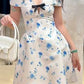 White and blue printed one-shoulder waist slim short skirt homecoming dress R3217