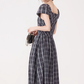 French retro square collar plaid dress new style waist slim long skirt temperament high-end R2372