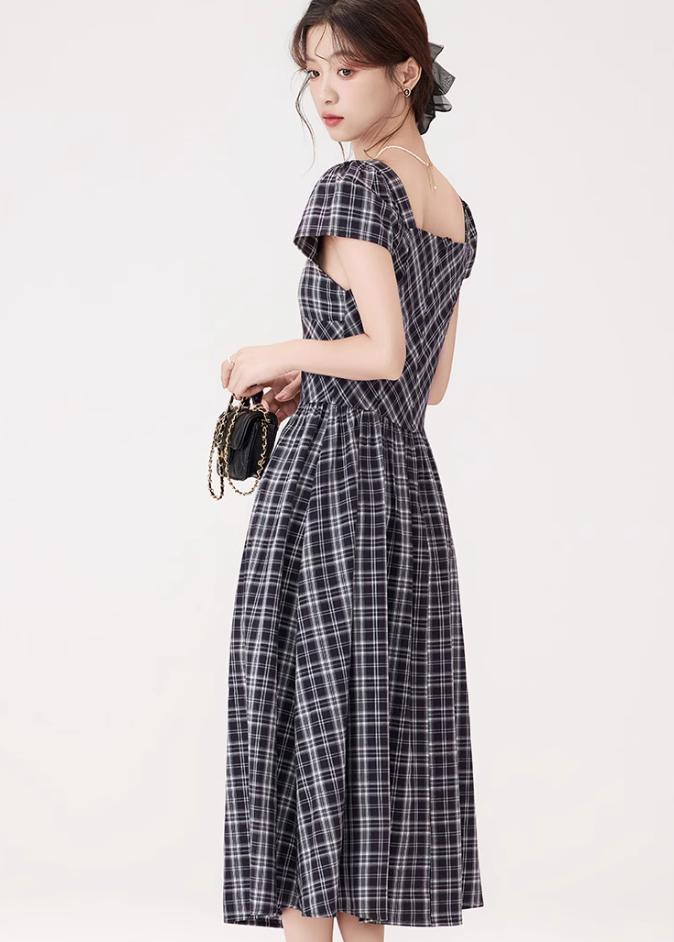 French retro square collar plaid dress new style waist slim long skirt temperament high-end R2372
