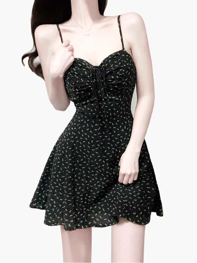 2025 Summer New Black Retro Floral A-line Waist Short Suspender Dress R0977