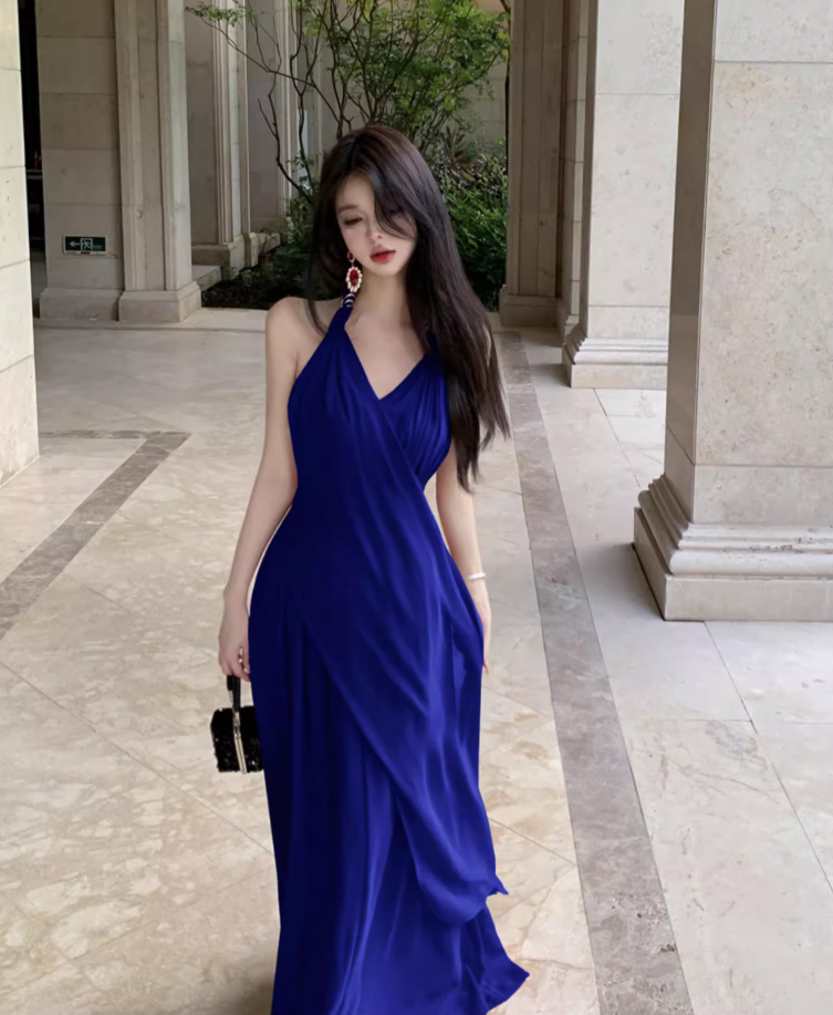 French seaside holiday long dress, temperament and slim red v-neck halter neck drape dress R1600