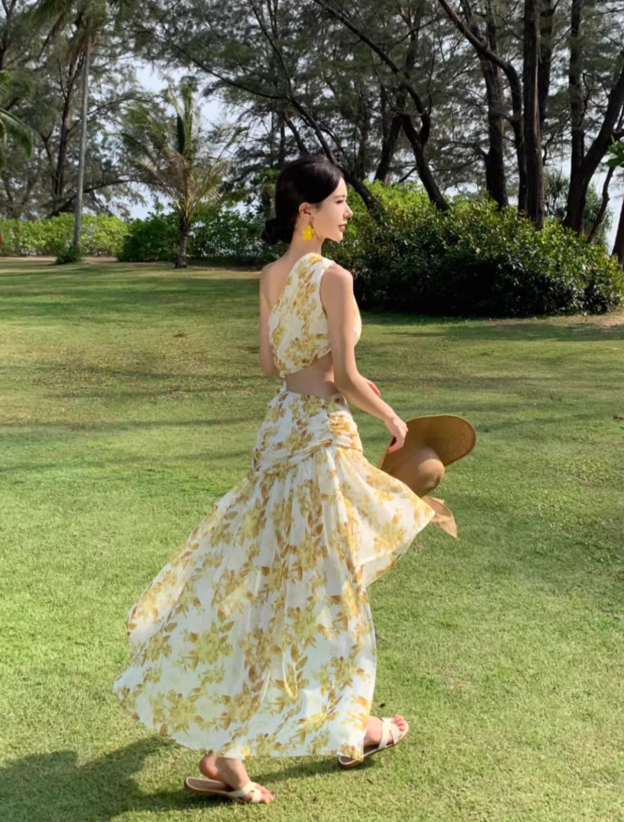 Chic and beautiful skirt atmosphere off-shoulder waist dress chiffon floral beach skirt R1622