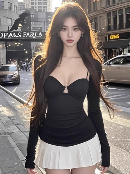 Sweet and spicy design fake two-piece long-sleeved dress 2025 contrast color pleated skirt R1252