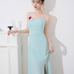 French design niche dress new style temperament waist slimming medium-length green suspender skirt R4458
