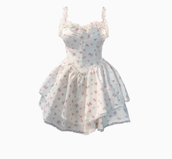 White floral suspender dress with slim waist and princess puffy skirt R0004