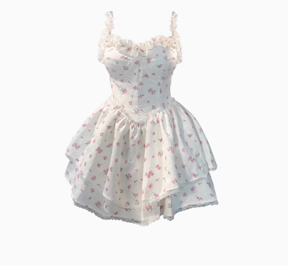 White floral suspender dress with slim waist and princess puffy skirt R0004