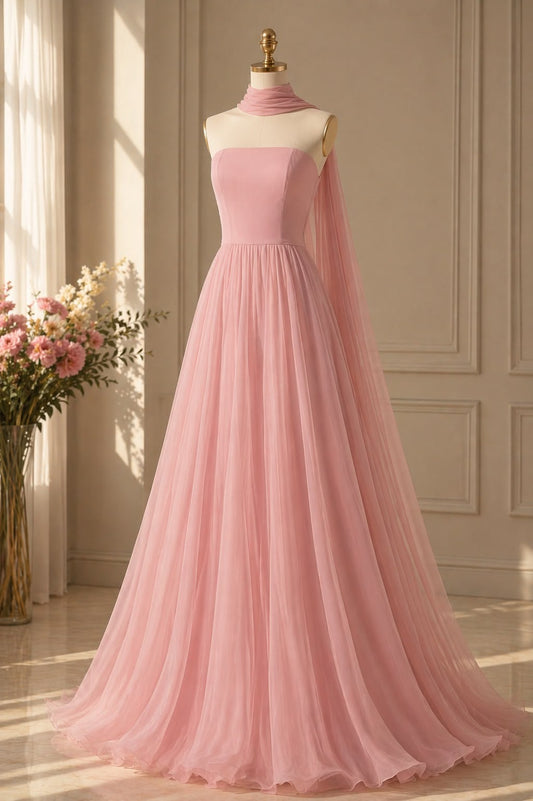 Elegant Pink A-Line Strapless Corset Maxi Women Dress Evening Dress Birthday Dress RS298