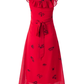 2025 Summer New Red Floral Pleated V-Neck Sleeveless Long Holiday Dress R0955