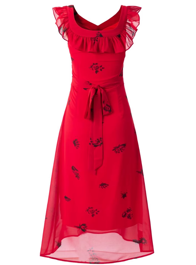 2025 Summer New Red Floral Pleated V-Neck Sleeveless Long Holiday Dress R0955