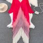 Temperament Sanyake pleated long-sleeved V-neck backless loose tassel gradient color irregular dress R0402