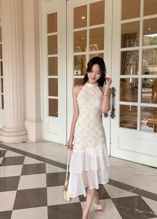 French retro lace dress splicing slim temperament fishtail skirt summer new style R4339