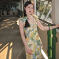 Dress French style sunflower floral U-neck sexy slim fit lotus leaf sleeve suspender dress R2924