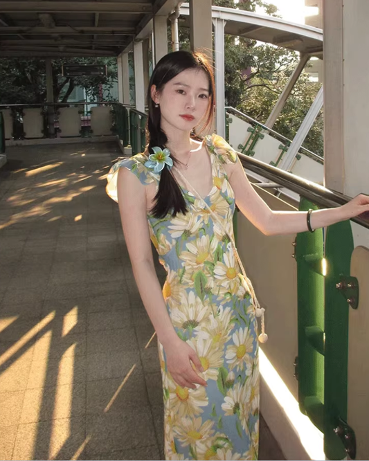 Dress French style sunflower floral U-neck sexy slim fit lotus leaf sleeve suspender dress R2924