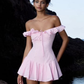 Pink ruffled one-shoulder waist slim short skirt homecoming dress R2946