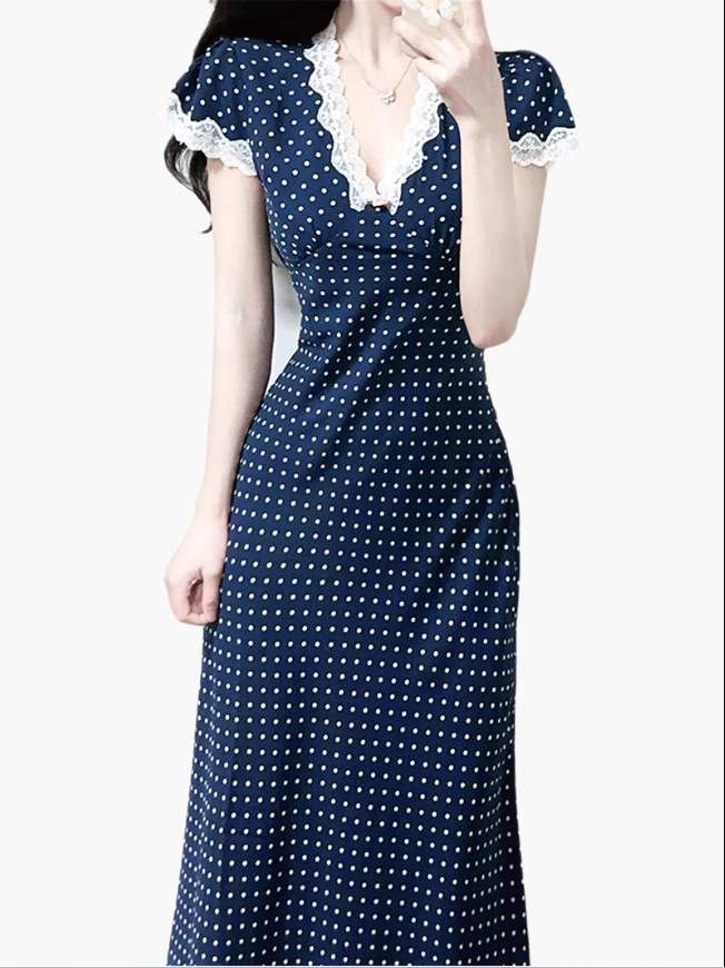 2025 Summer New Blue Polka Dot French V-neck Retro Temperament Long Dress R0947