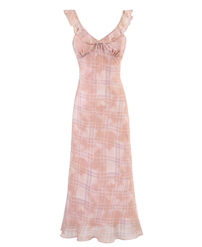 French ruffled pink plaid suspender dress 2025 new long skirt R2594