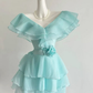 Lake blue V-neck slim waist chiffon sexy short skirt homecoming dress R4108