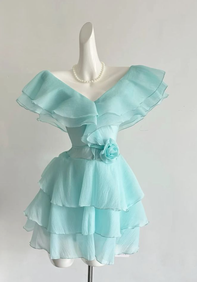 Lake blue V-neck slim waist chiffon sexy short skirt homecoming dress R4108