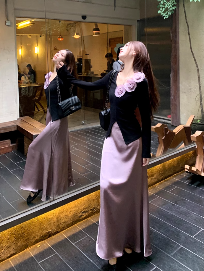 Fairy three-dimensional rose French top high waist A-line skirt gentle outfit two-piece suit R1702