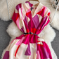 Beach vacation long dress gentle style short sleeves V-neck waist medium length A-line plaid dress R0358