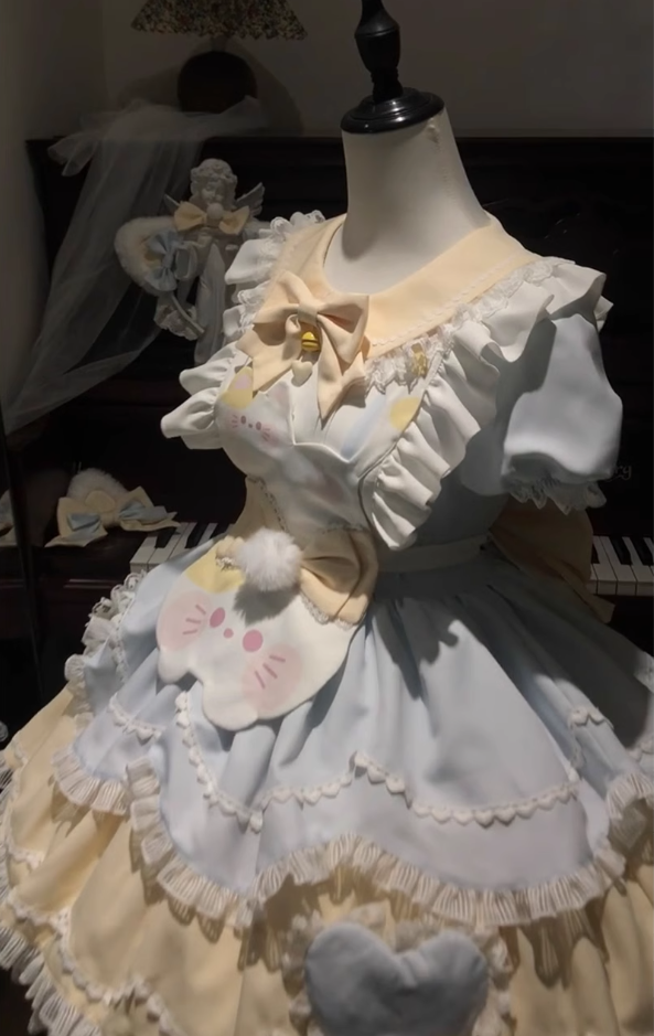 Blue and yellow cute sweet lolita fashionable short-sleeved OP dress fluffy runaway princess dress Lolita R1682