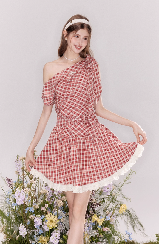 Summer off-shoulder red plaid dress with lace-up waist princess dress R4539