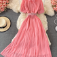 2025 Puff Sleeve Lapel Pleated Polka Dot Dress Waist Slimming Long Swing Dress Short Sleeve R0382