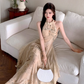 Fairy new Chinese style improved cheongsam halo dyed floral waist long skirt dress R1703