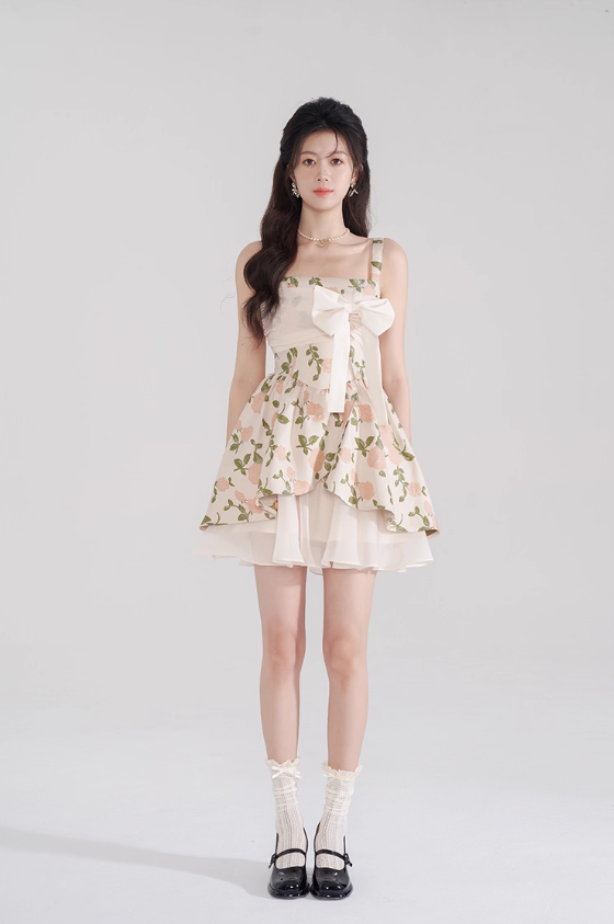 Apricot jacquard dress niche design suspender skirt summer new waist chiffon short skirt for women R4110