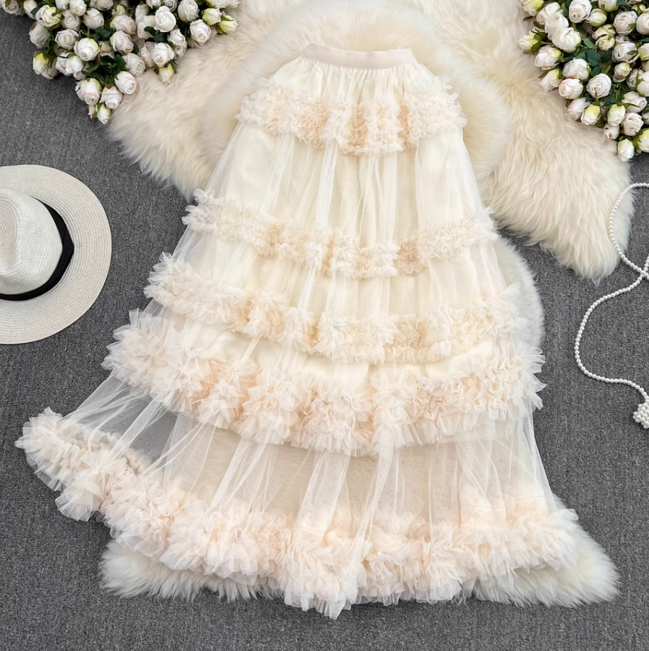 High waist slim mesh skirt elastic waist mid-length over the knee multi-layered wood ear edge cake skirt R0306