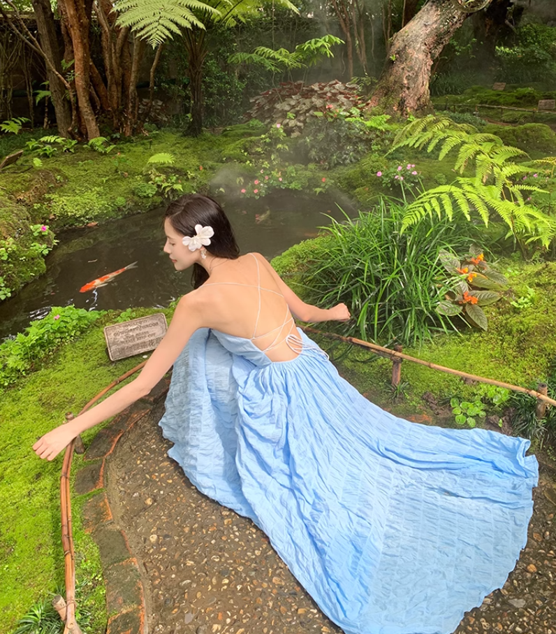 Beach dress suspenders backless dress temperament long skirt holiday style R1565