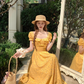 Long yellow square neck waist floral dress summer French temperament skirt R4911