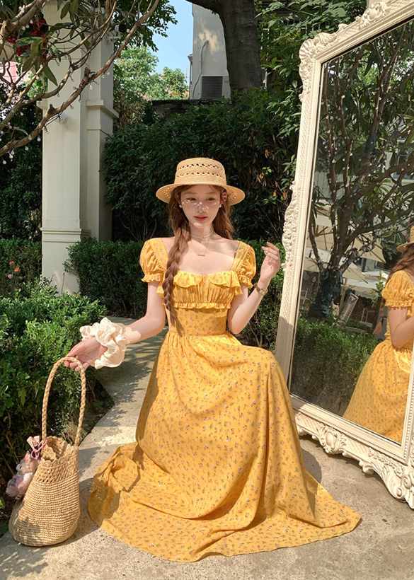 Long yellow square neck waist floral dress summer French temperament skirt R4911