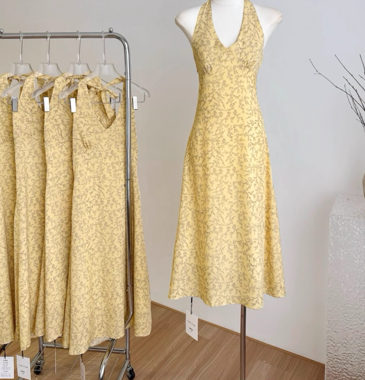 Halter neck dress summer floral slim long dress R2105
