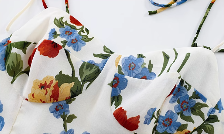 French holiday style long white 2025 new sling print slim dress R2648