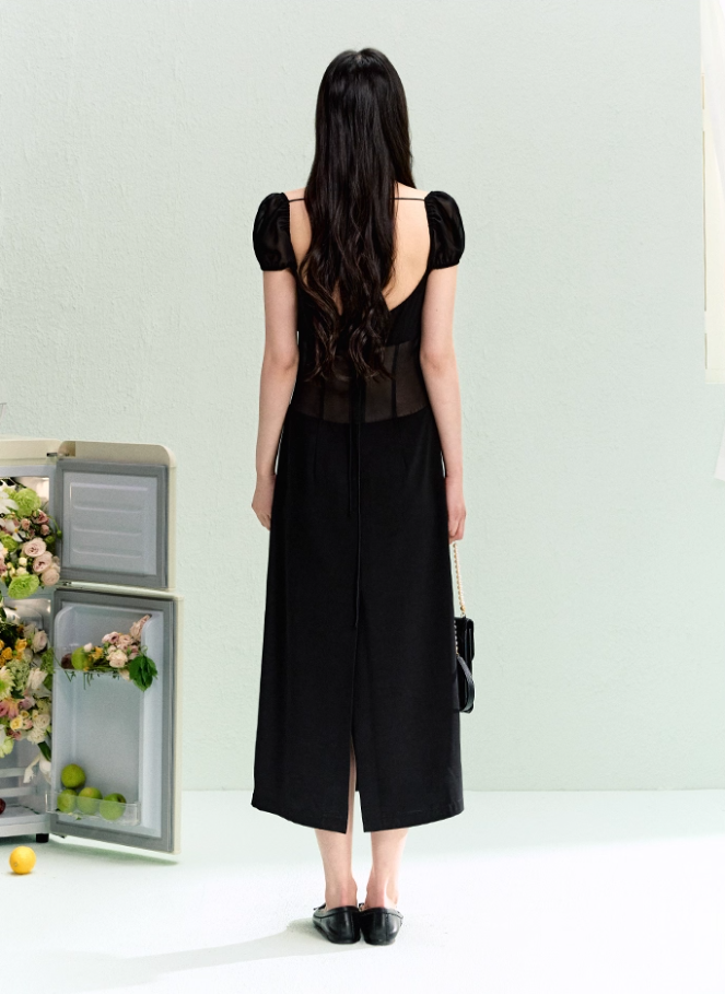 French elegant waist square neck splicing dress summer simple midi dress R3330