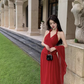 French seaside holiday long dress, temperament and slim red v-neck halter neck drape dress R1600