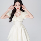 Gentle style cream yellow dress women's summer new style skirt high-end puffy short skirt R4456