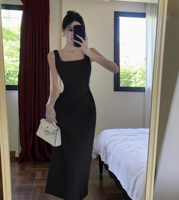 French style high-end black suspender dress temperament slim fit slit hip long skirt R1516