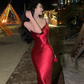 Retro suspenders red acetate swing collar hip-wrapped backless slim holiday inner skirt R1432