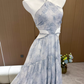 Blue Rose Print Handmade Braided Rope Waist-baring Sexy Temperament Long Dress R1997