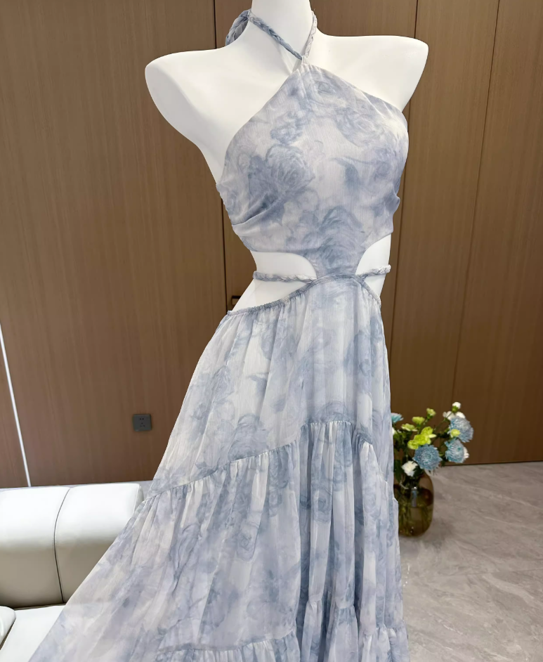 Blue Rose Print Handmade Braided Rope Waist-baring Sexy Temperament Long Dress R1997