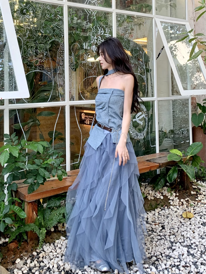 Beautiful outfit set: blue polka dot irregular tube top, mesh ruffle skirt, two-piece set R1720