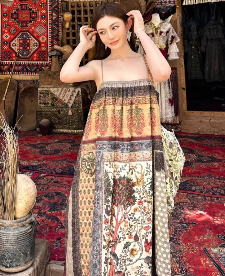 Travel wear retro ethnic style Bohemian suspender dress seaside beach dress R1623