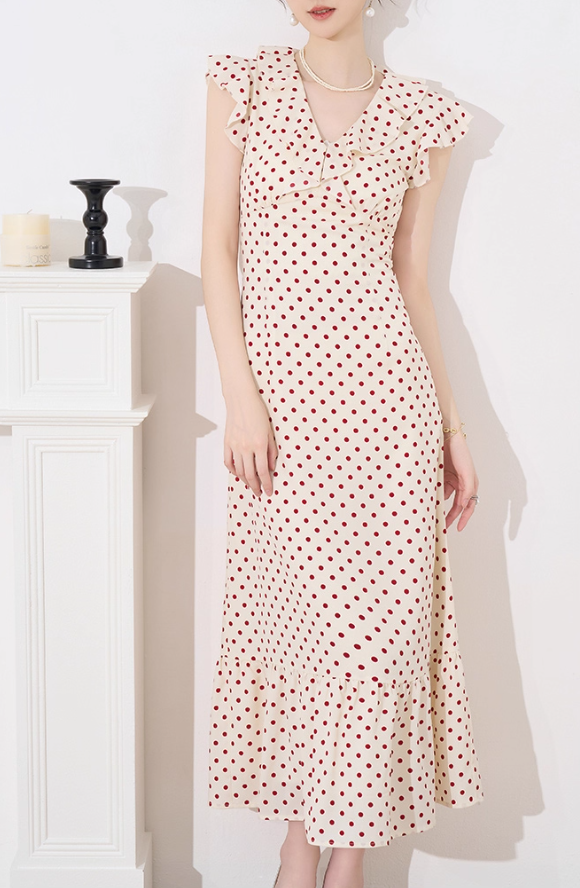 French dress women's new summer design niche temperament high-end red polka dot slim skirt R4378