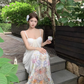 Sexy tube top suspender dress temperament floral long skirt R0542
