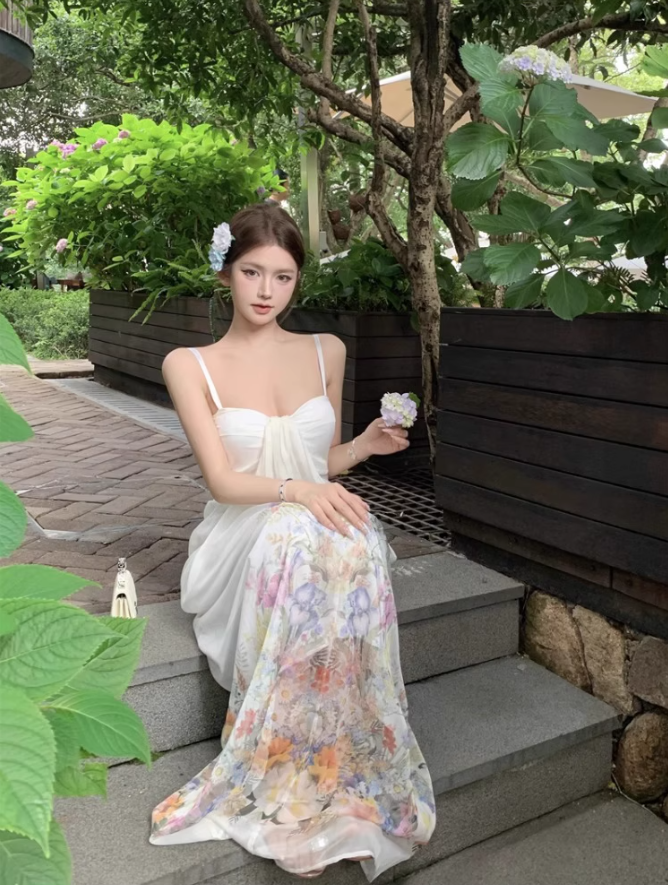 Sexy tube top suspender dress temperament floral long skirt R0542