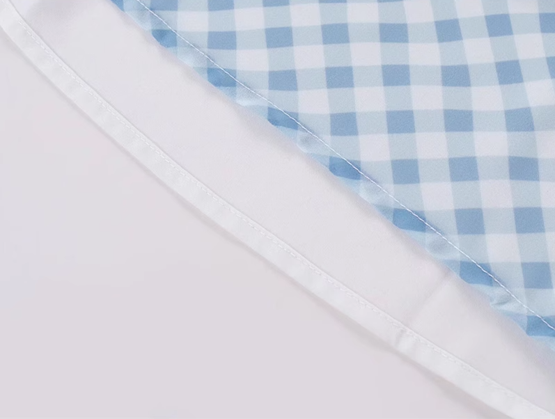 2025 Summer New Blue Plaid Lace Square Neck Short Sleeveless Dress R0969